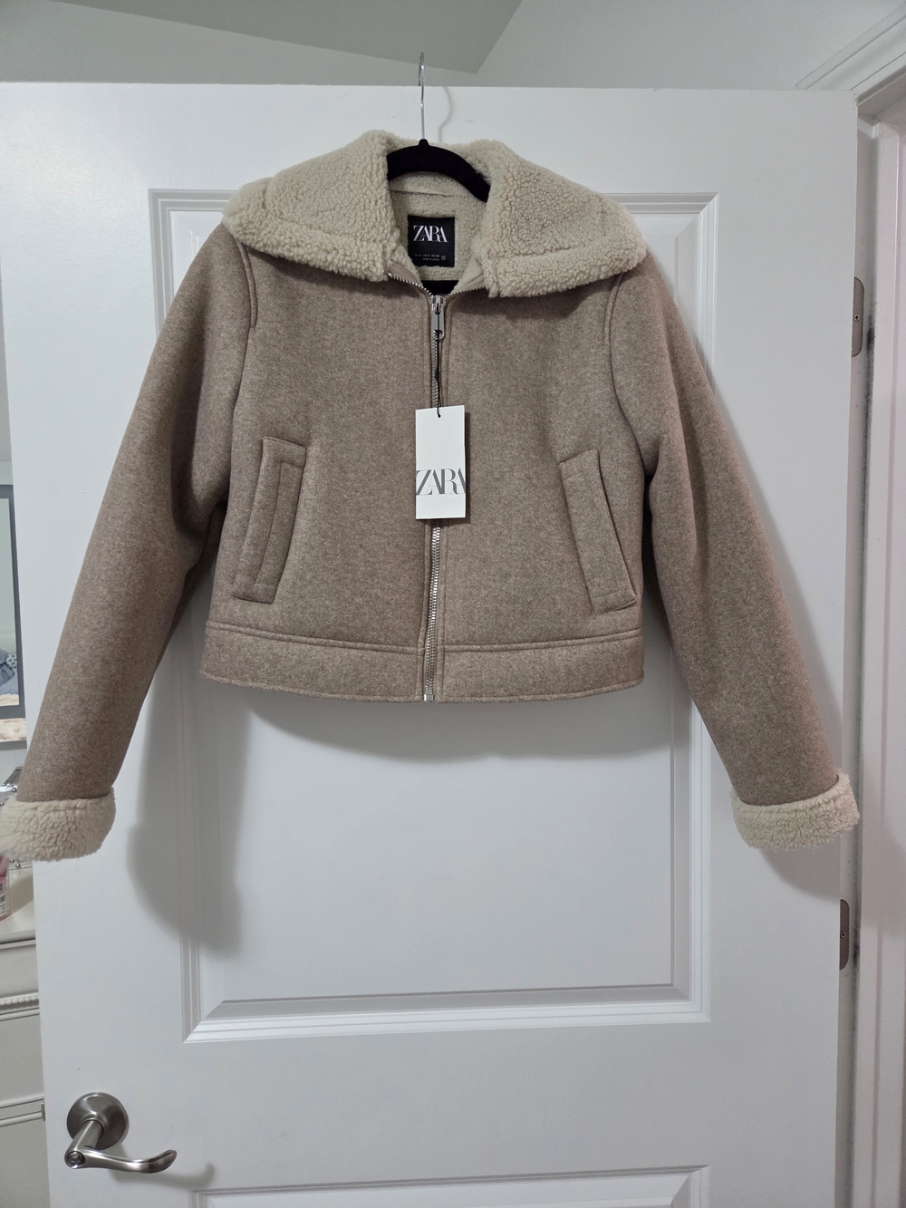 Zara Tan Pea Coat with Cream Shearling Collar